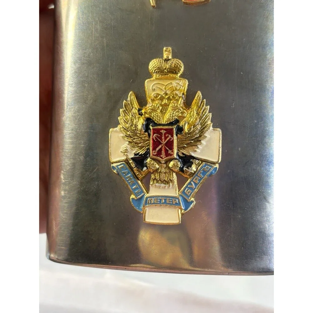 Vintage Beautiful Decorated Russian Enamel & Stainless Steel Flask 5.25 Inches